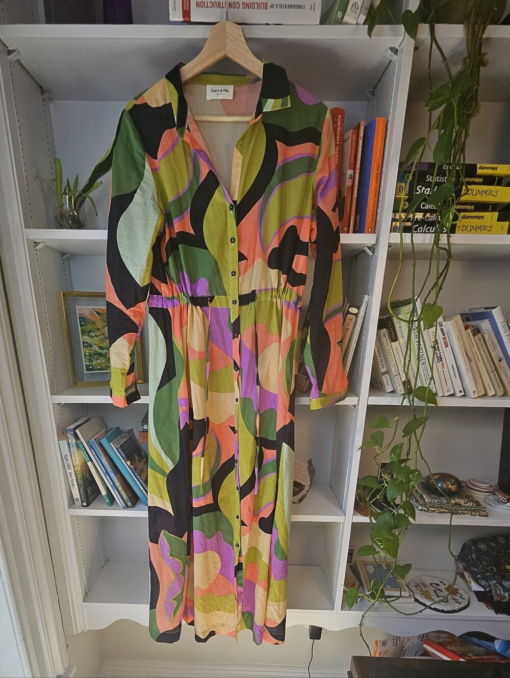 Grace and Mila Colorful Abstract Print Button-Front Dress Cotton Large Whimsi